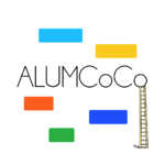 Logo du projet ALUMCoCo avec le nom en noir au centre, à droite, montant jusqu'au dernier o, une échelle. Répartis dans l'image, trois en dessous du nom, deux au-dessus, des rectangles de couleurs qui représentent différentes couches d'annotation