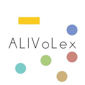 Logo ALIVoLex avec le nom en noir au centre, au dessus un rectangle jaune représentant l'occurrence à annoter et autour ( 1 au-dessus du nom, 4 en-dessous) cinq points de couleurs pastelles représentant les sens lexicaux possibles
